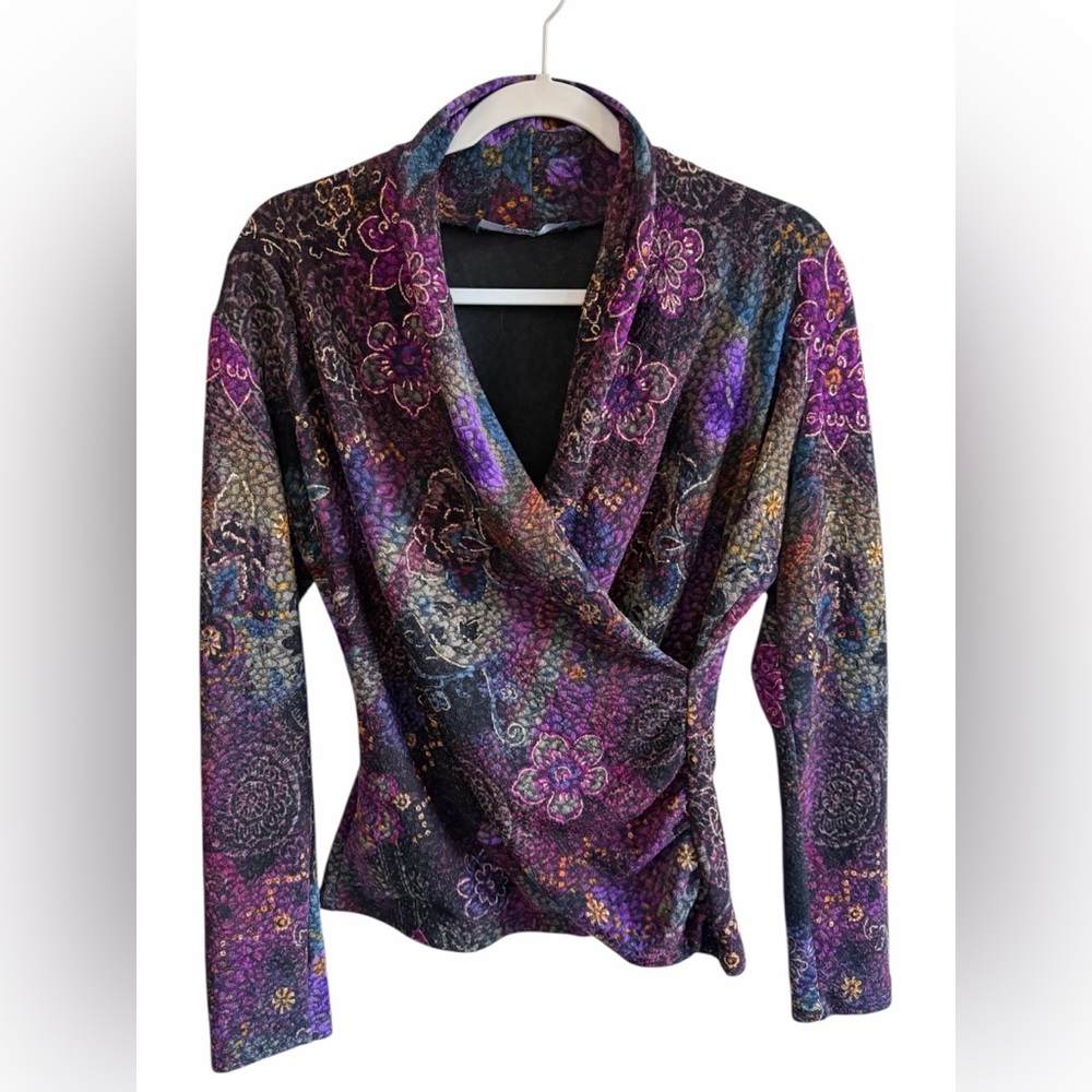 VTG 90s Chadwicks Dark Floral Purple Wrap Blouse (M) Forest Fairy Grunge